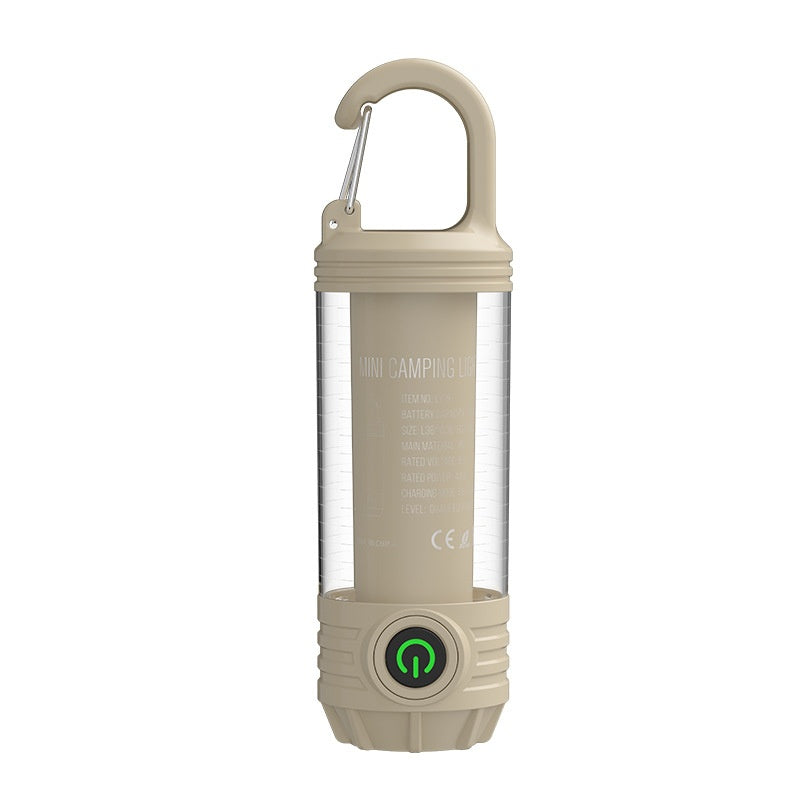 Mini Rechargeable Camping Lantern – USB-C LED Tent Light with Carabiner Hook Khaki