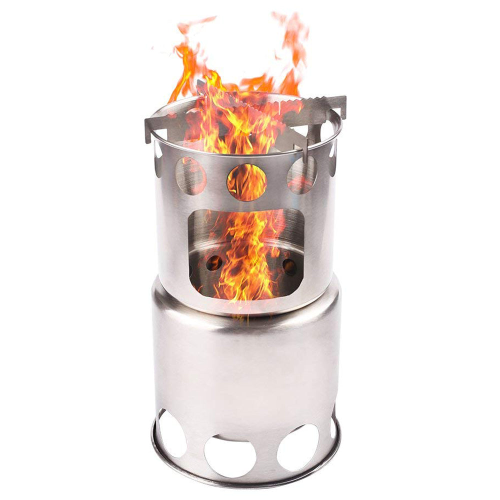 Portable Wood Burning Camping Stove – Stainless Steel Backpacking Cooker - Fire